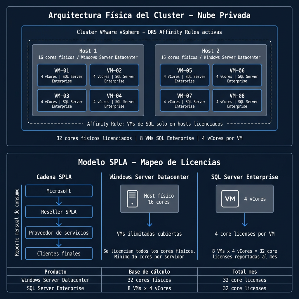 Plano técnico del cluster: hosts físicos, distribución de VMs y reglas Affinity de VMware